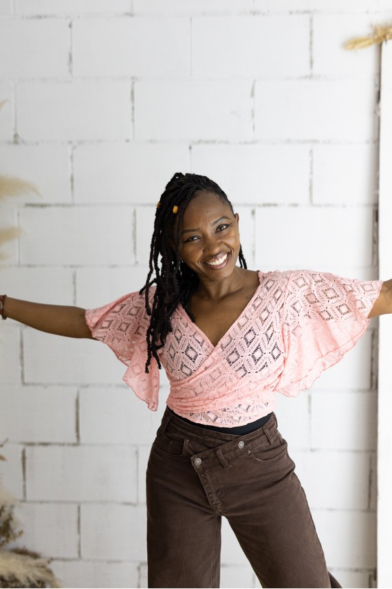 Top bolero cruzado algodón calado rosa Manga corta vuelo