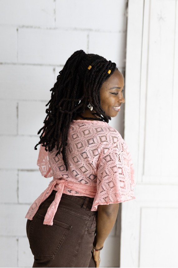 Top bolero cruzado algodón calado rosa Manga corta vuelo