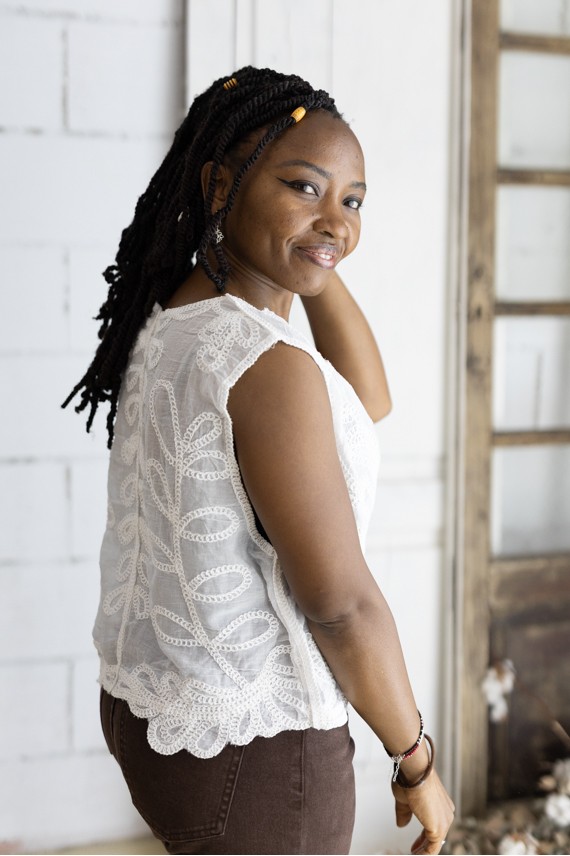 Chaleco algodón velado bordado floral Blanco