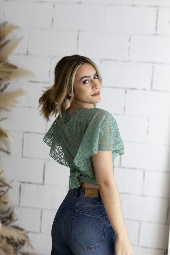 Top bolero cruzado algodón calado verde Manga corta vuelo