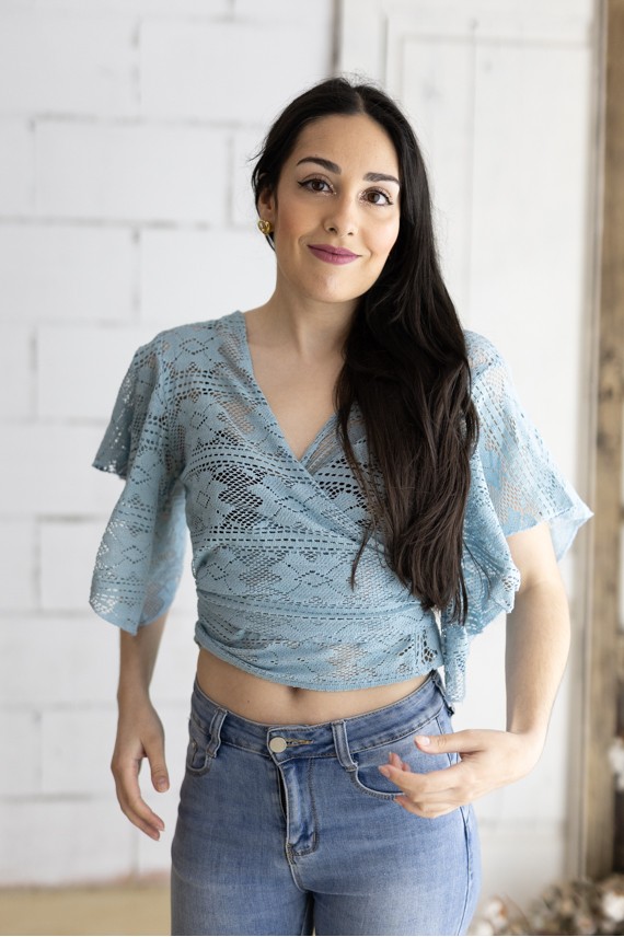 Top bolero cruzado algodón calado azul Manga corta vuelo