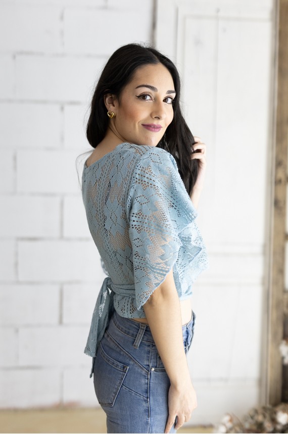 Top bolero cruzado algodón calado azul Manga corta vuelo