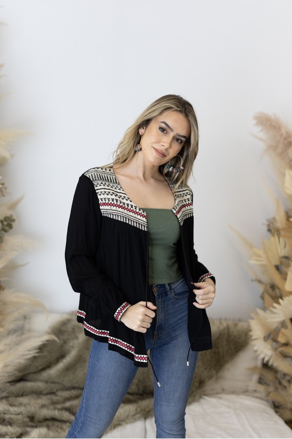 Chaqueta Boho Bambula Negra Cenefa Étnica