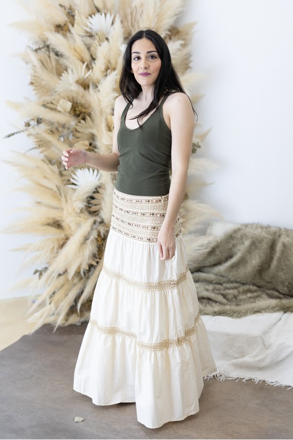 Falda Larga Algodón Cintura Bordada Piedras Naturales