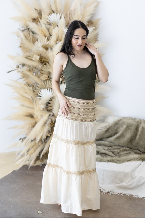 Falda Larga Algodón Cintura Bordada Piedras Naturales