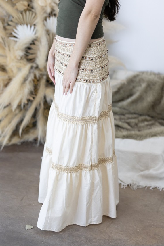 Falda Larga Algodón Cintura Bordada Piedras Naturales