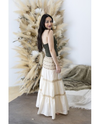 Falda Larga Algodón Cintura Bordada Piedras Naturales