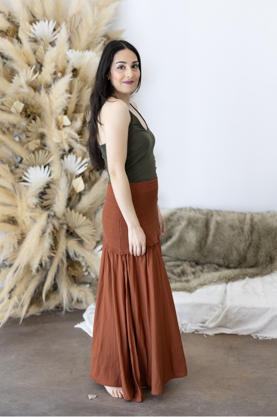 Falda Larga vuelo Boho Algodón con Sobrefalda de Punto Teja