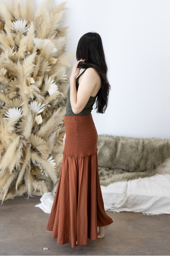 Falda Larga vuelo Boho Algodón con Sobrefalda de Punto Teja