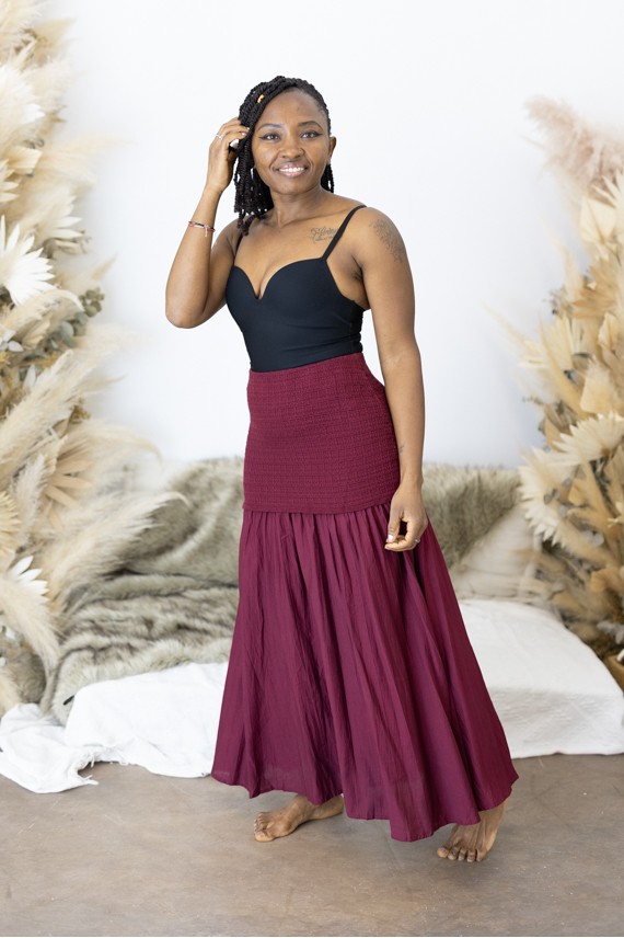 Falda Larga vuelo Boho Algodón con Sobrefalda de Punto Burdeos