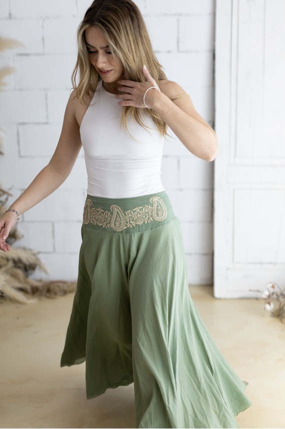 Pantalón Boho Ancho de Lino y Algodón Verde con Cintura Bordada