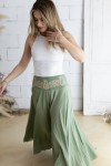Pantalón Boho Ancho de Lino y Algodón Verde con Cintura Bordada