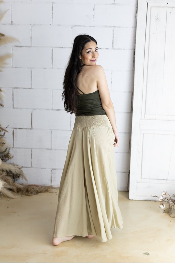 Pantalón Boho Ancho de Lino y Algodón Nude con Cintura Bordada