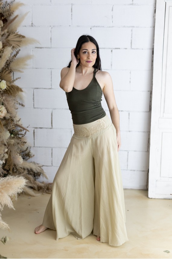 Pantalón Boho Ancho de Lino y Algodón Nude con Cintura Bordada