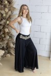 Pantalón Boho Ancho de Lino y Algodón Negro con Cintura Bordada