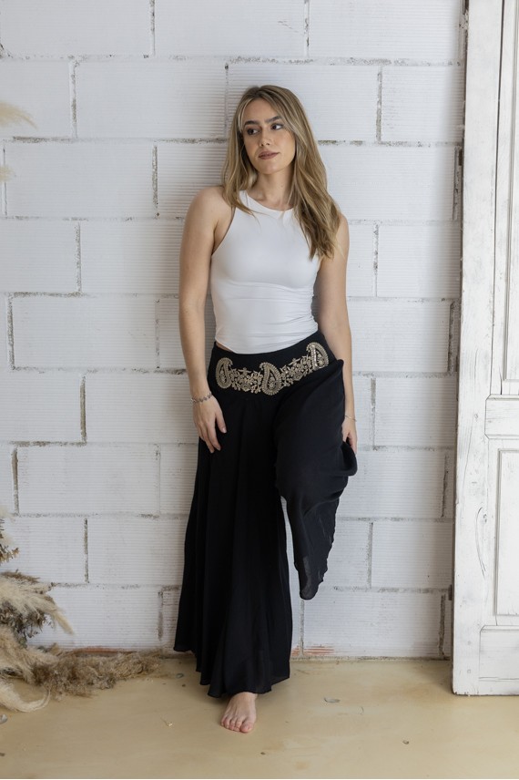 Pantalón Boho Ancho de Lino y Algodón Negro con Cintura Bordada
