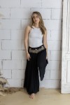 Pantalón Boho Ancho de Lino y Algodón Negro con Cintura Bordada