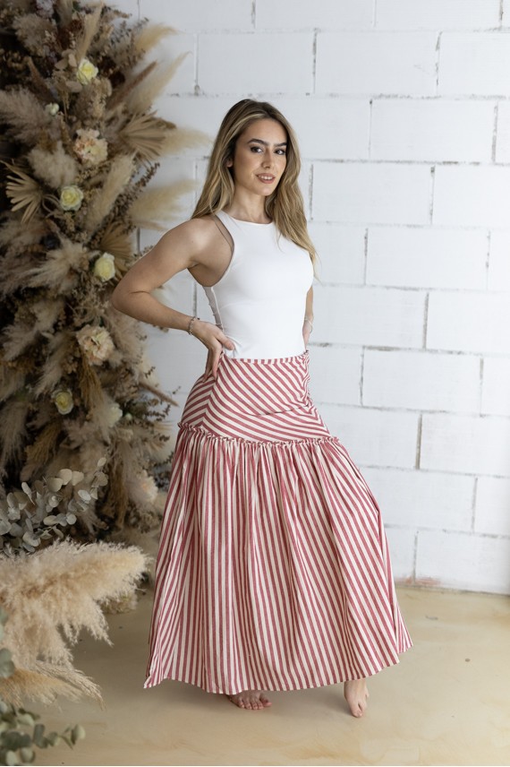 Falda Larga Algodón a Rayas Nude y Rojo Corte Asimétrico