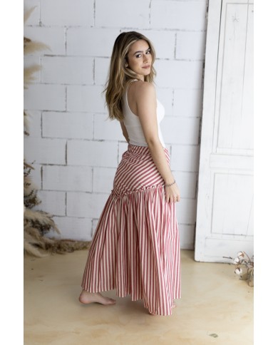 Falda Larga Algodón a Rayas Nude y Rojo Corte Asimétrico