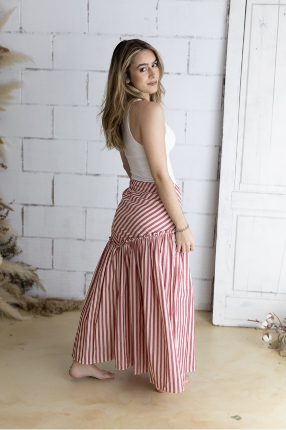 Falda Larga Algodón a Rayas Nude y Rojo Corte Asimétrico