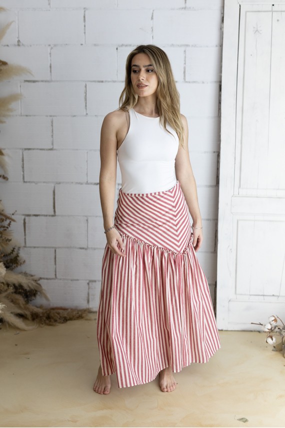 Falda Larga Algodón a Rayas Nude y Rojo Corte Asimétrico