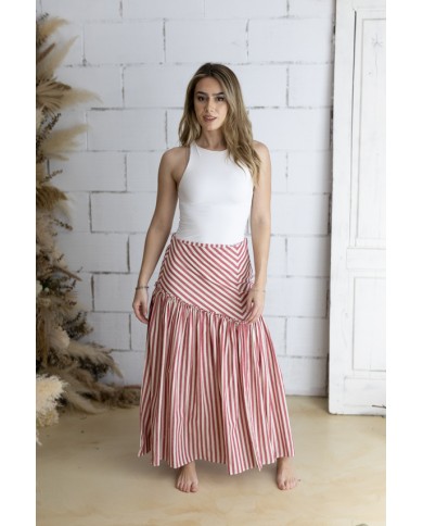 Falda Larga Algodón a Rayas Nude y Rojo Corte Asimétrico