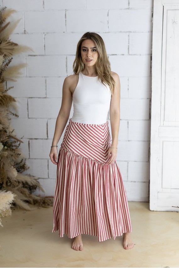 Falda Larga Algodón a Rayas Nude y Rojo Corte Asimétrico