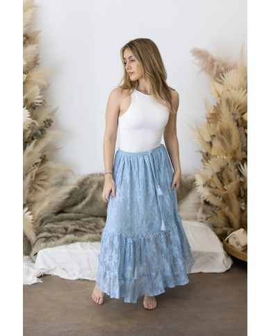 Falda Larga Algodón Calado Azul Bordado Floral