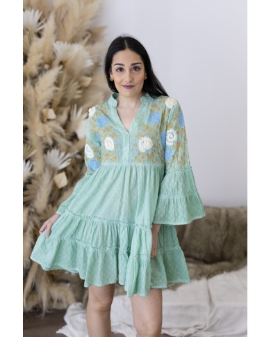Vestido Corto Algodón Verde Agua Bordado Floral