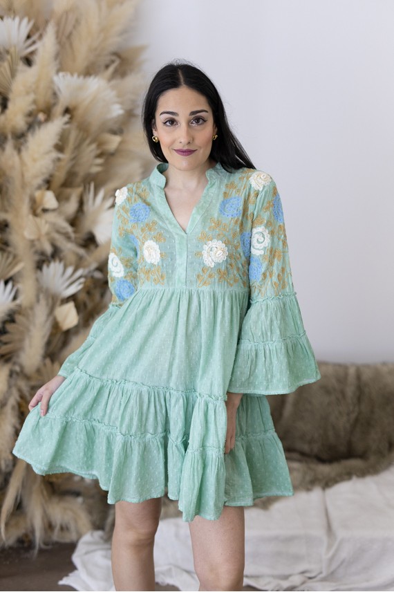 Vestido Corto Algodón Verde Agua Bordado Floral