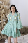 Vestido Corto Algodón Verde Agua Bordado Floral