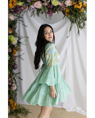 Vestido Corto Algodón Verde Agua Bordado Floral