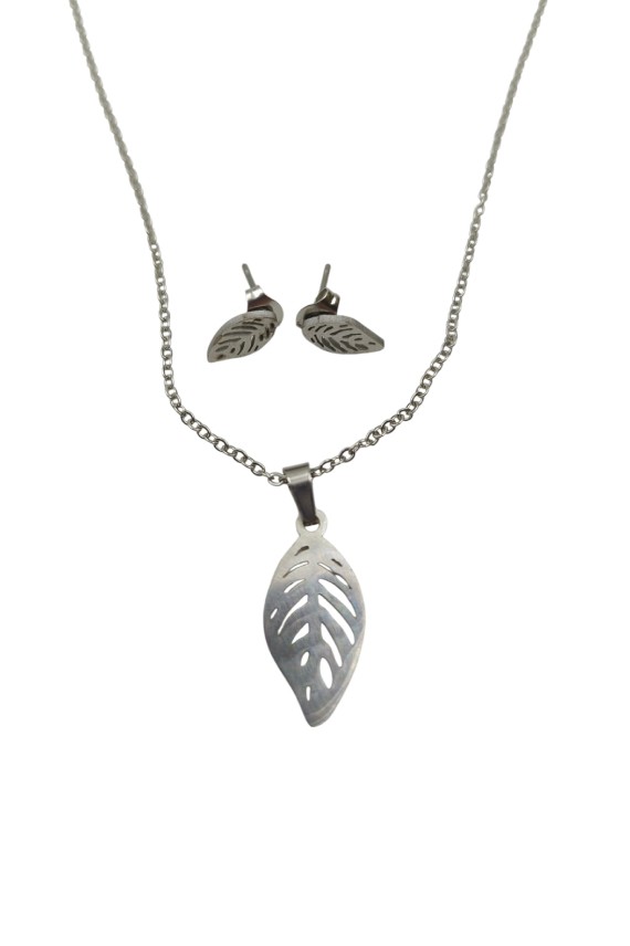 Conjunto Acero Pendientes y Colgante Leaf