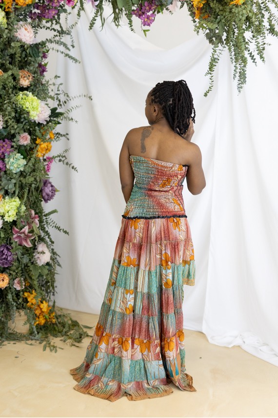 Vestido Asimétrico Seda Estampado Floral Sari Multicolor