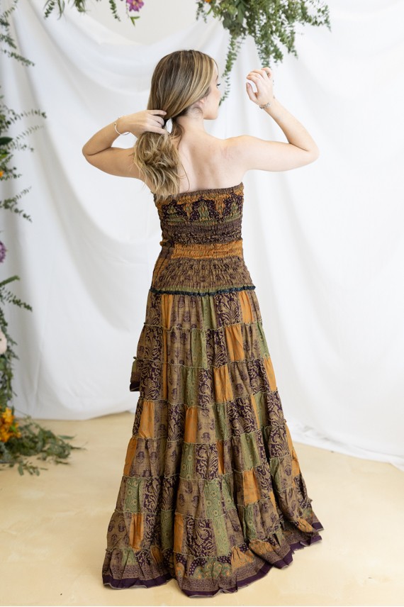 Vestido Asimétrico Seda Estampado Sari Burdeos Kaki