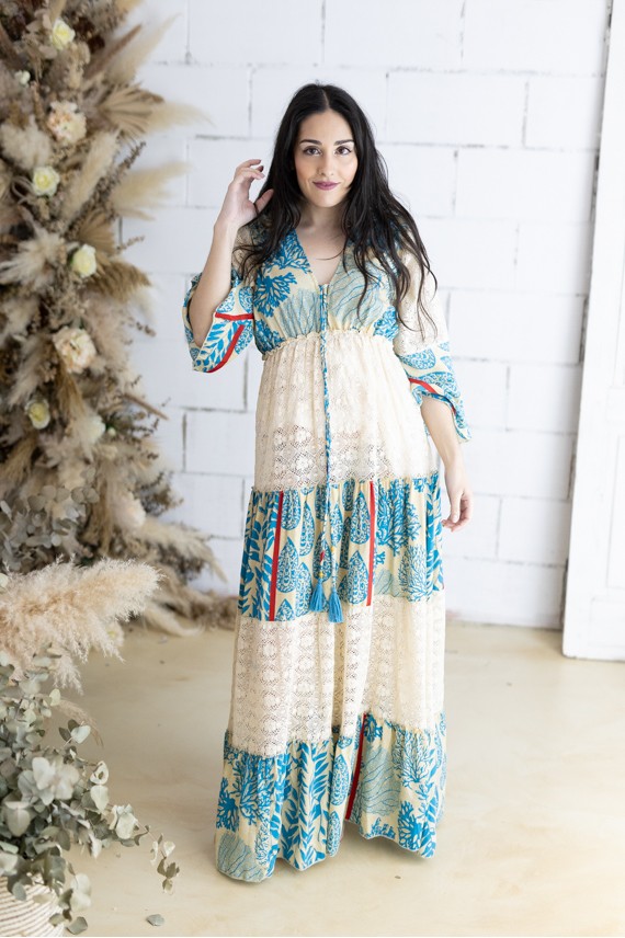 Vestido Largo Seda y Algodón Patchwork Algas