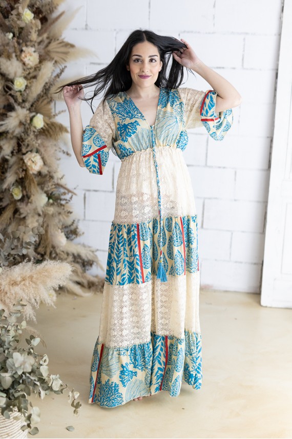 Vestido Largo Seda y Algodón Patchwork Algas