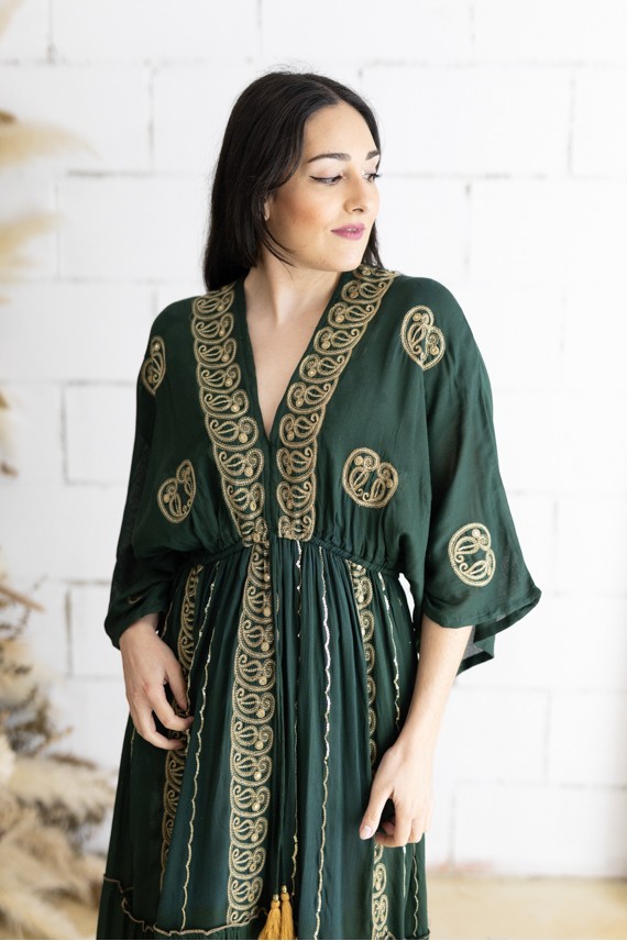 Vestido Largo Invitada Verde Oliva Bordado Dorado