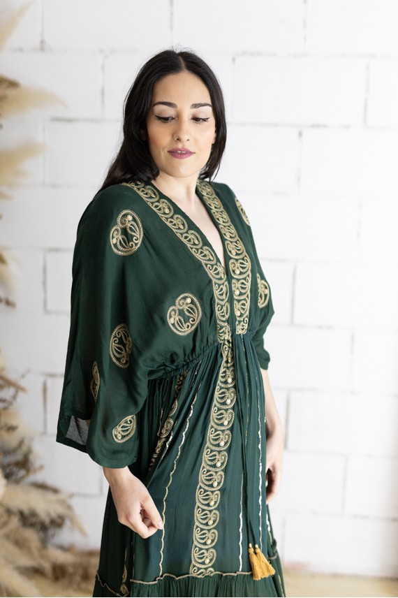Vestido Largo Invitada Verde Oliva Bordado Dorado