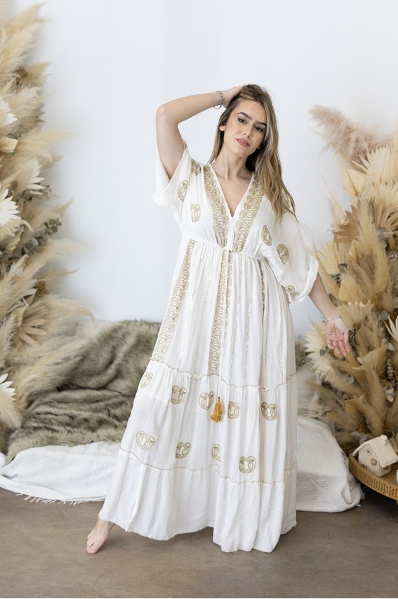 Vestido Largo Invitada Blanco Bordado Dorado