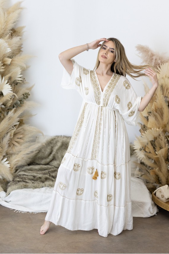 Vestido Largo Invitada Blanco Bordado Dorado