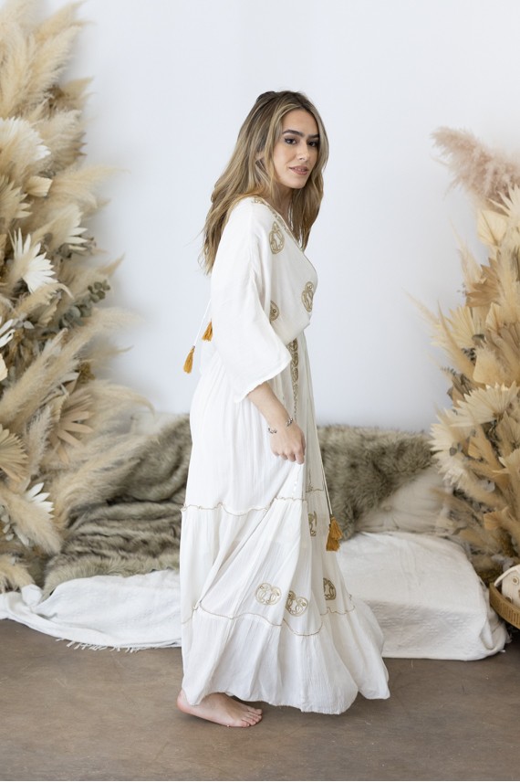 Vestido Largo Invitada Blanco Bordado Dorado