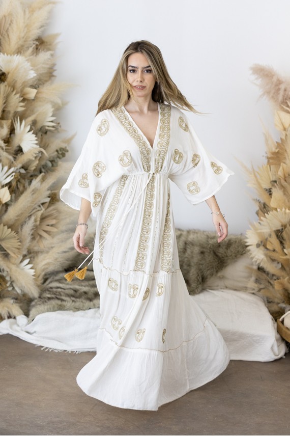 Vestido Largo Invitada Blanco Bordado Dorado