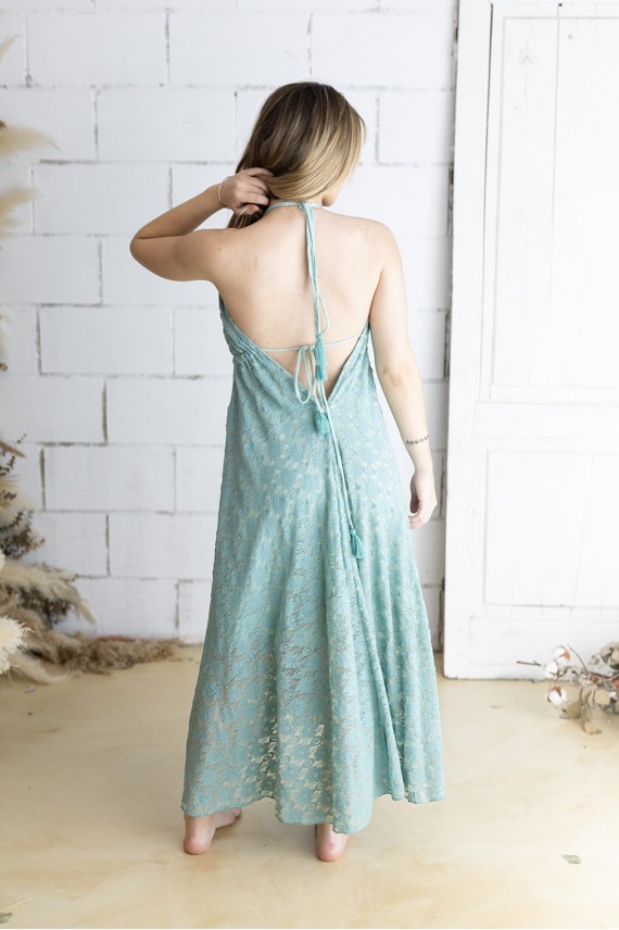 Vestido Largo Verde Agua Algodón Calado Espalda Descubierta Ibiza