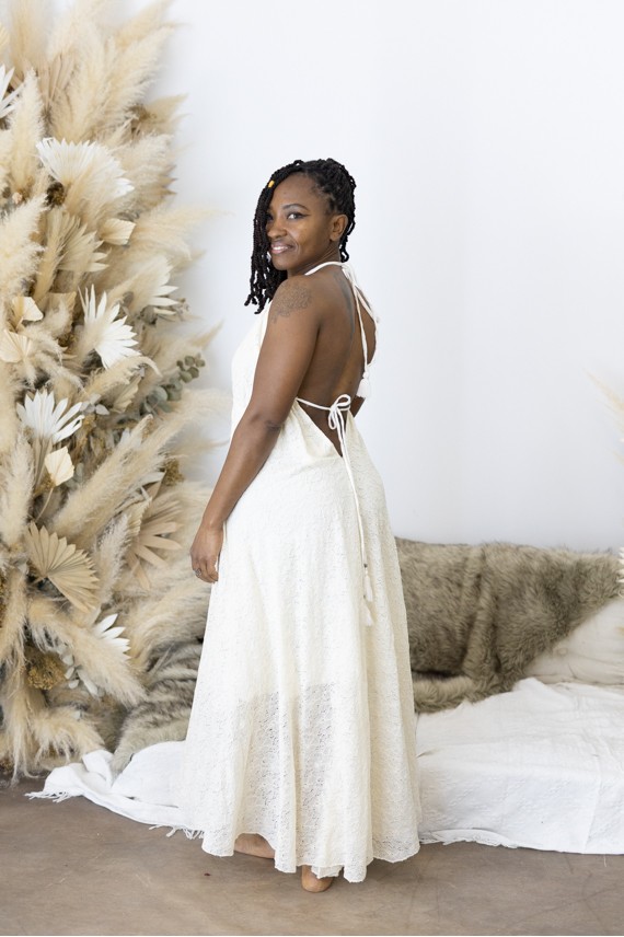 Vestido Largo Nude Algodón Calado Espalda Descubierta