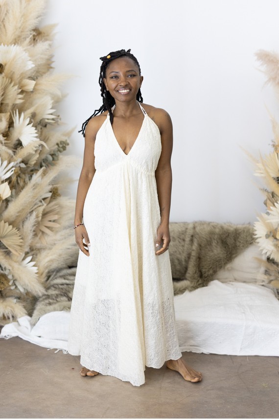 Vestido Largo Nude Algodón Calado Espalda Descubierta