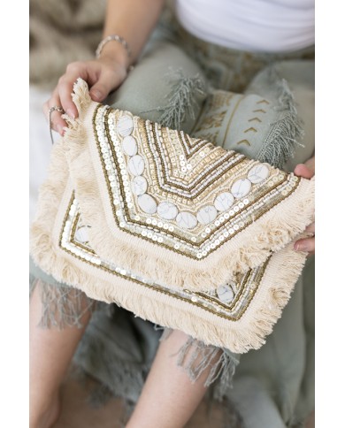 Bolso Cartera Algodón y Rafia con Flecos y Pedrería