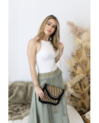 Bolso Cartera Boho Negro con Abalorios y Flecos