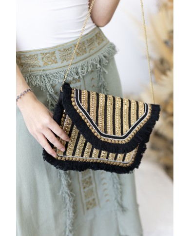 Bolso Cartera Boho Negro con Abalorios y Flecos