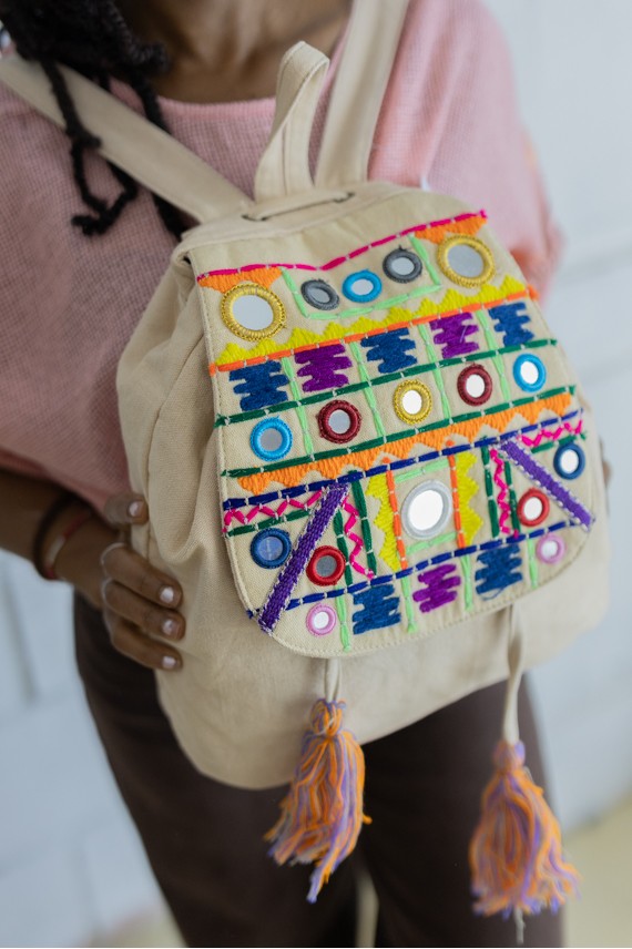 Mochila Jaipur Algodón con Bordados y Espejos